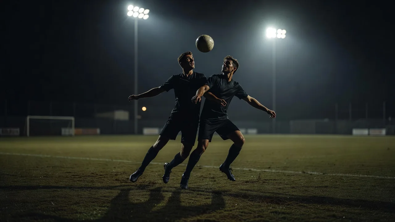 Dois jogadores disputando bola aérea em área iluminada por refletores