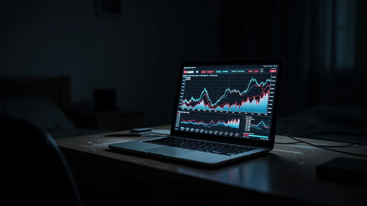 Tela de notebook com gráfico de partida ao vivo em quarto escuro