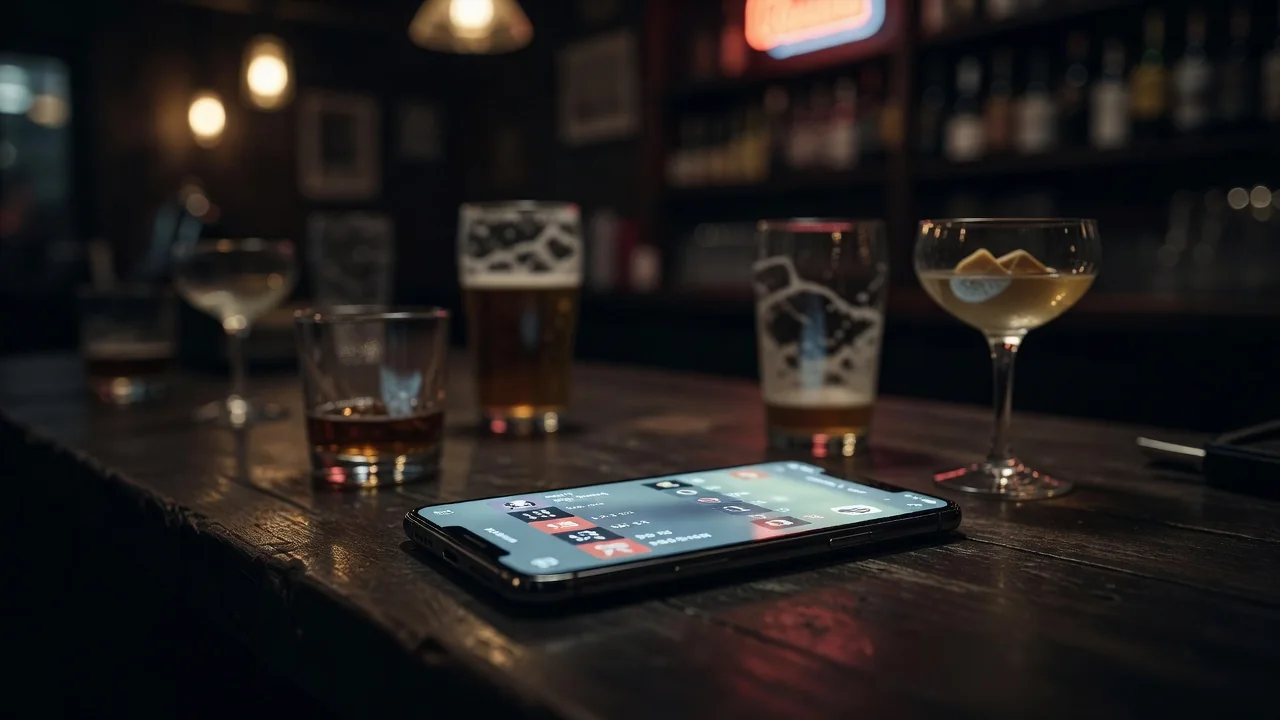 Smartphone exibindo placar ao vivo sobre mesa de bar com copos ao fundo