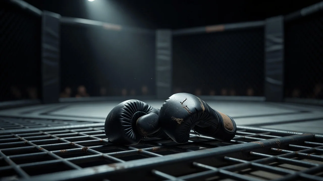 Luvas de MMA sobre grade de octógono em luz dramática