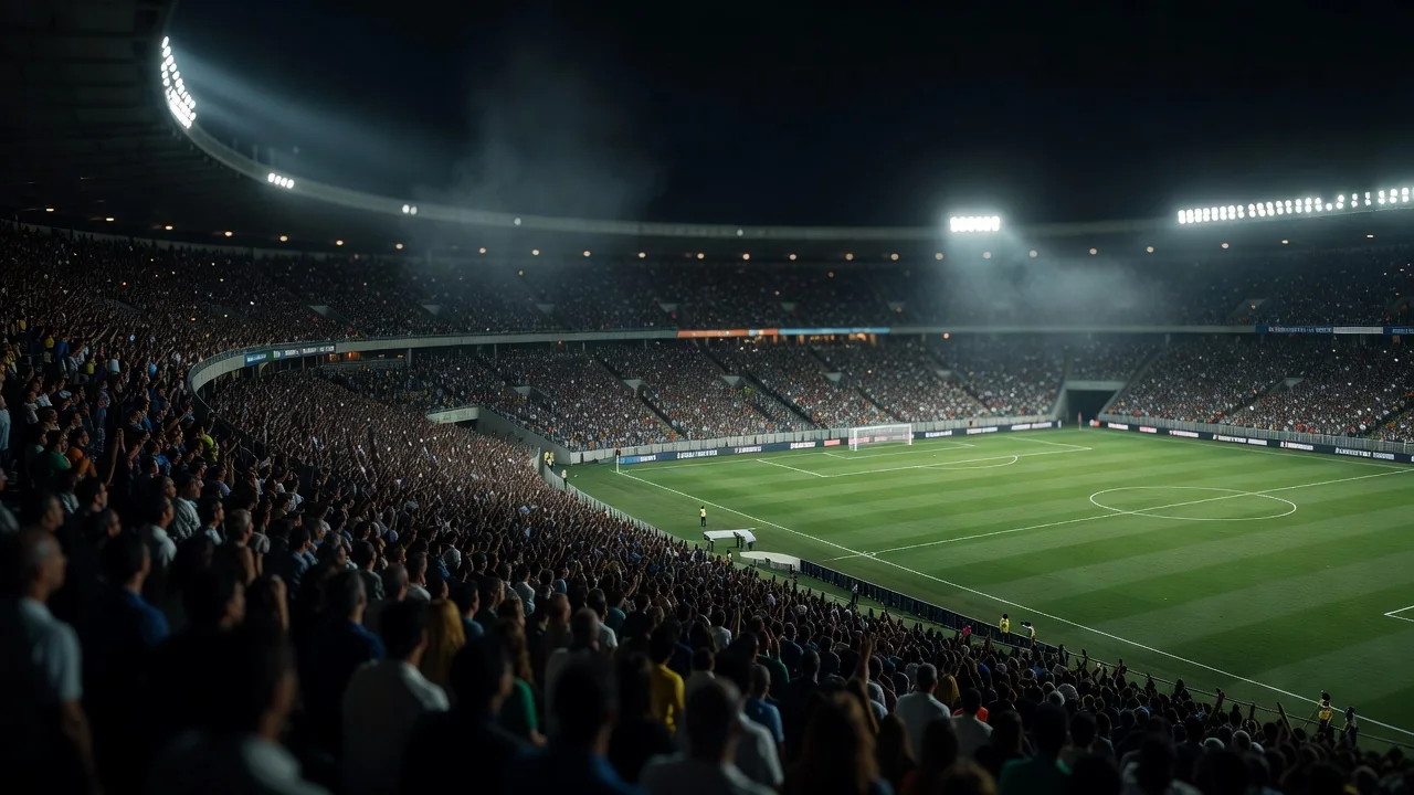 Estádio brasileiro lotado visto do alto em noite de jogo