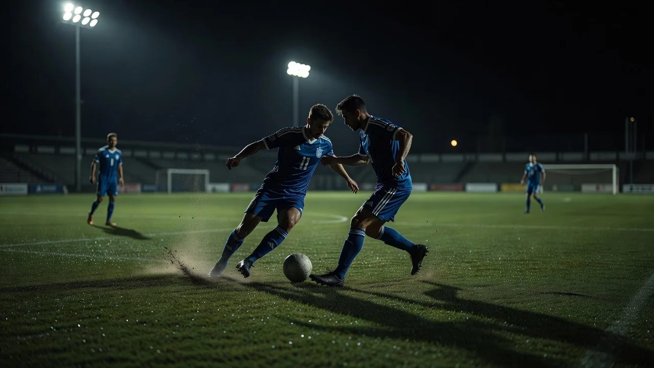 Jogadores em disputa de bola em gramado sob refletores