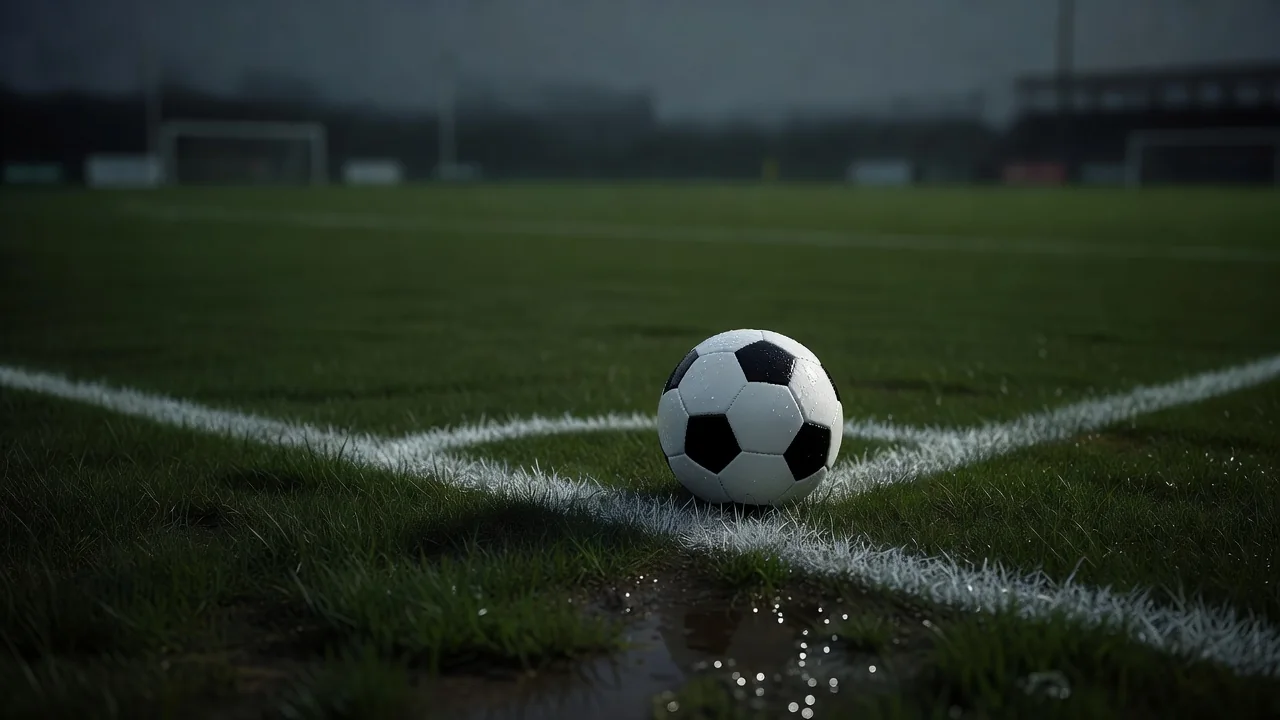 Bola de futebol próxima à linha lateral de grama molhada