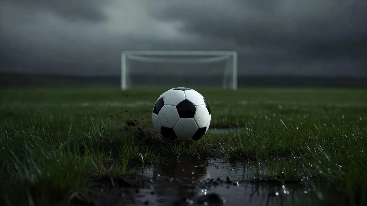 Bola rolando em grama molhada em direção à linha de gol