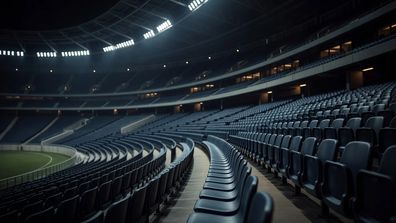 Interior de estádio moderno com arquibancadas iluminadas antes da partida