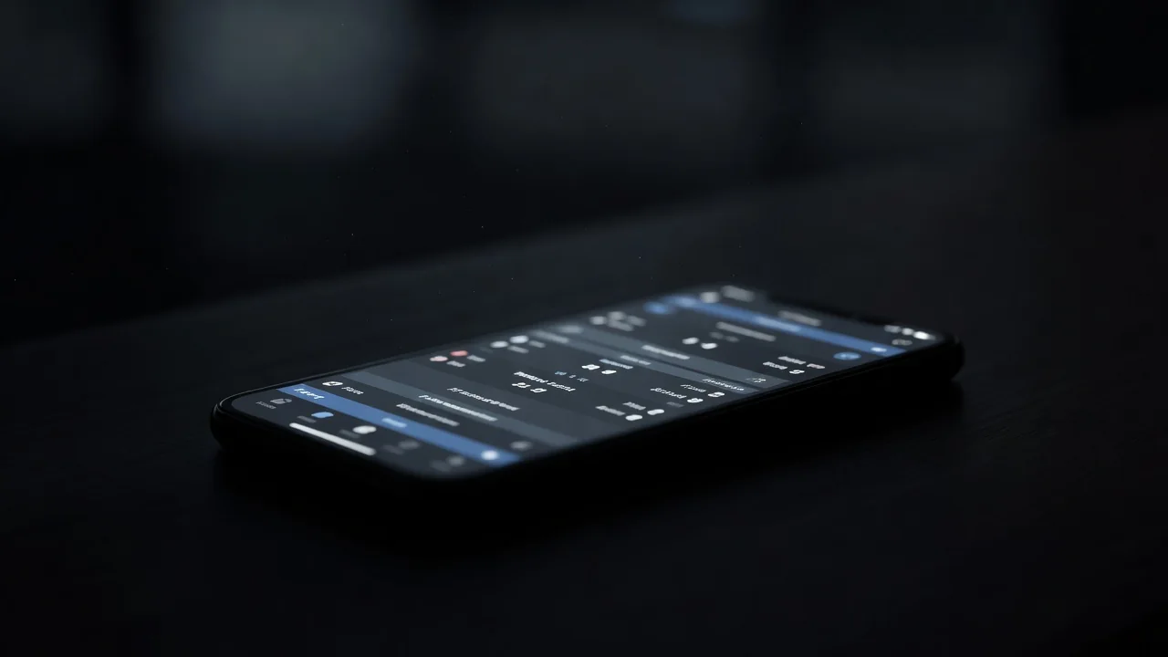 Tela de celular com placar de partida ao vivo em ambiente escuro