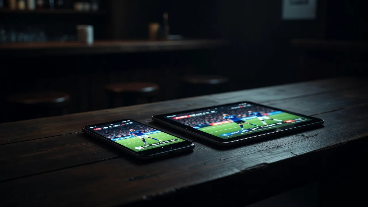 Smartphone ao lado de tablet com telas esportivas em mesa de bar