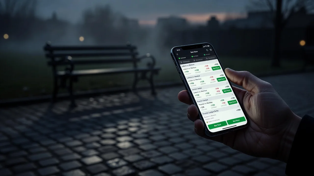 Mão segurando celular com tela de apostas esportivas em ambiente externo