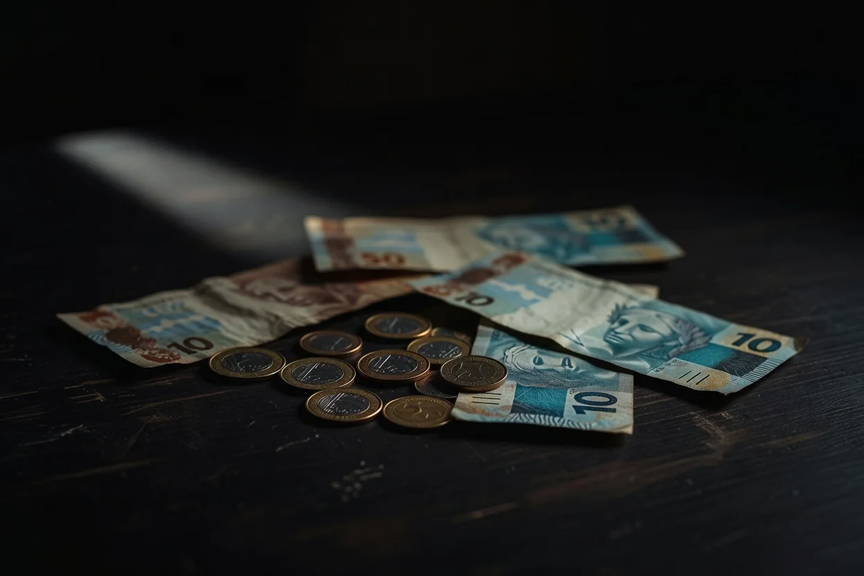Moedas e notas de real em close sobre superfície escura