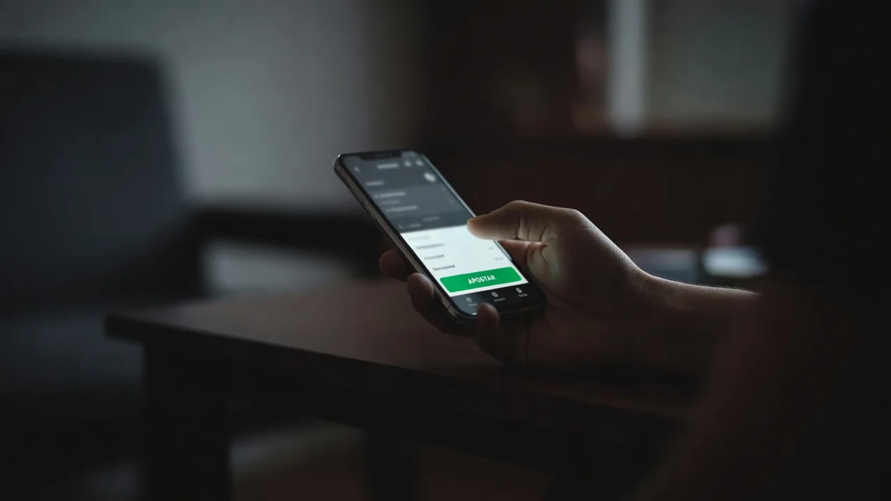 Mão segurando smartphone com botão verde em tela de apostas