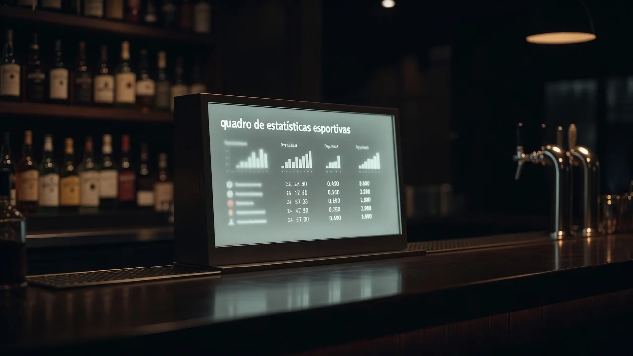 Quadro de estatísticas esportivas em painel iluminado de bar
