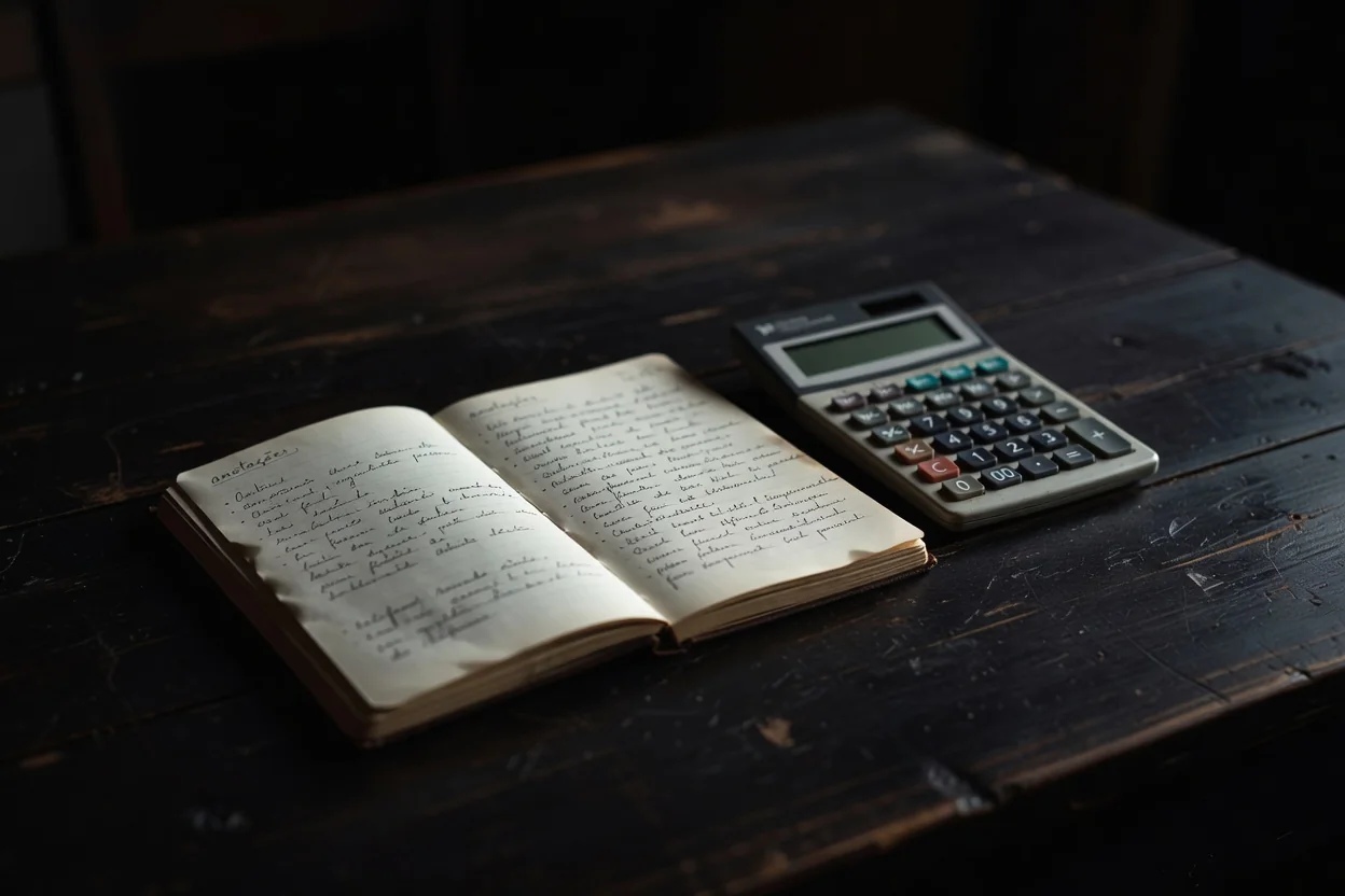 Caderno com anotações e calculadora sobre mesa de madeira escura