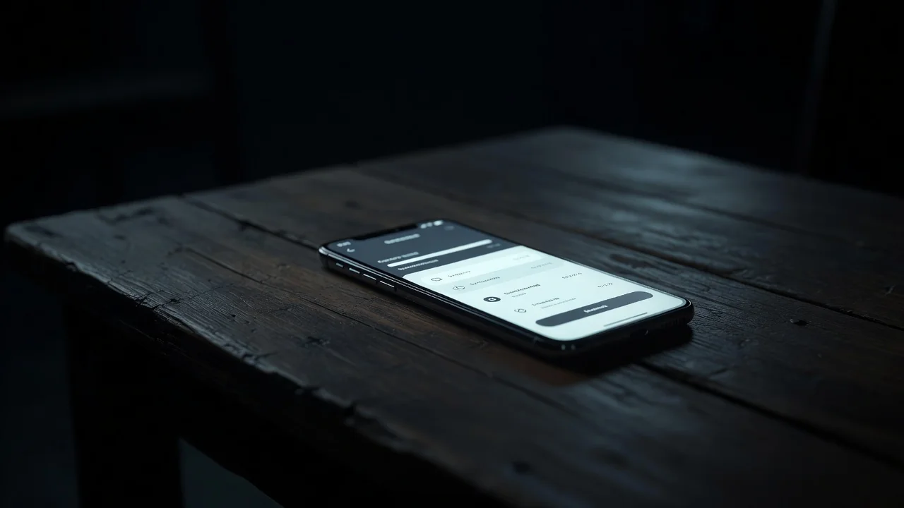 Celular exibindo tela de pagamento instantâneo sobre mesa de madeira à noite