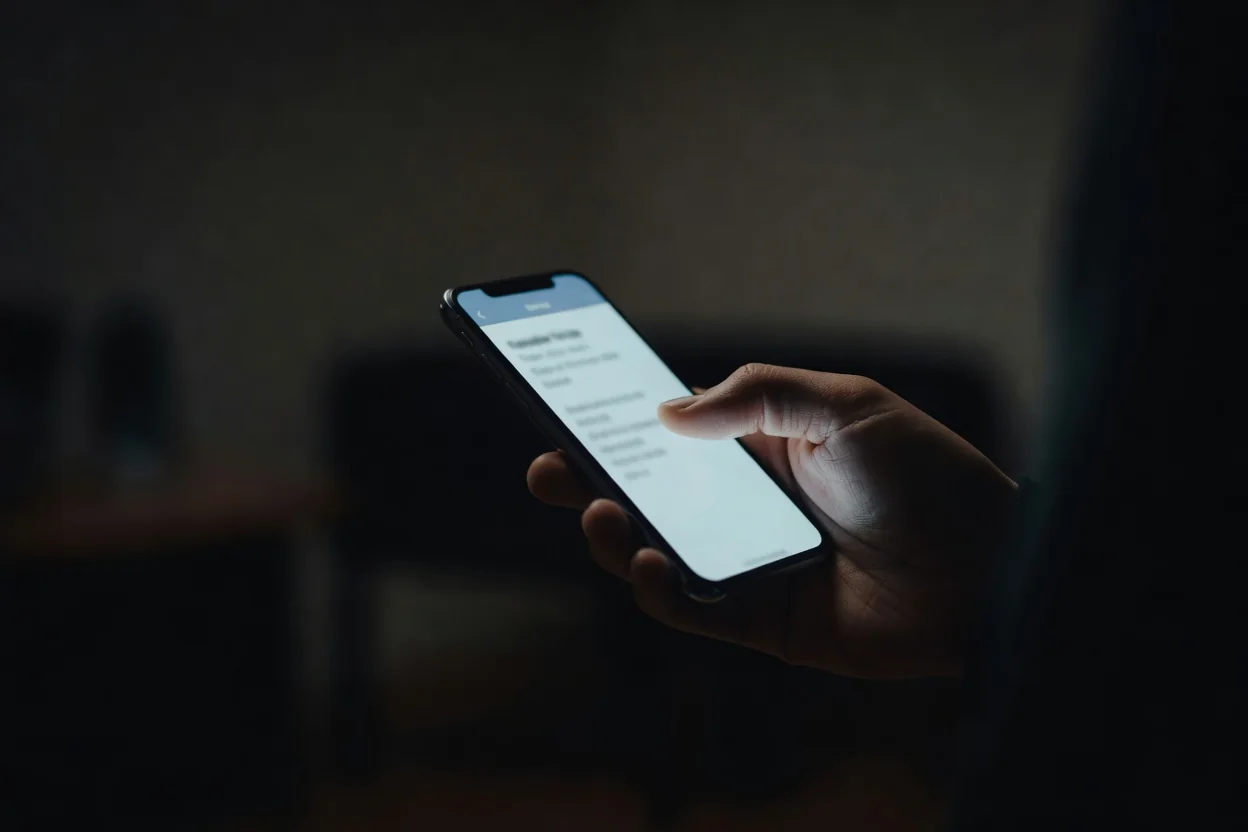 Mão segurando smartphone com tela de confirmação de transferência em luz baixa