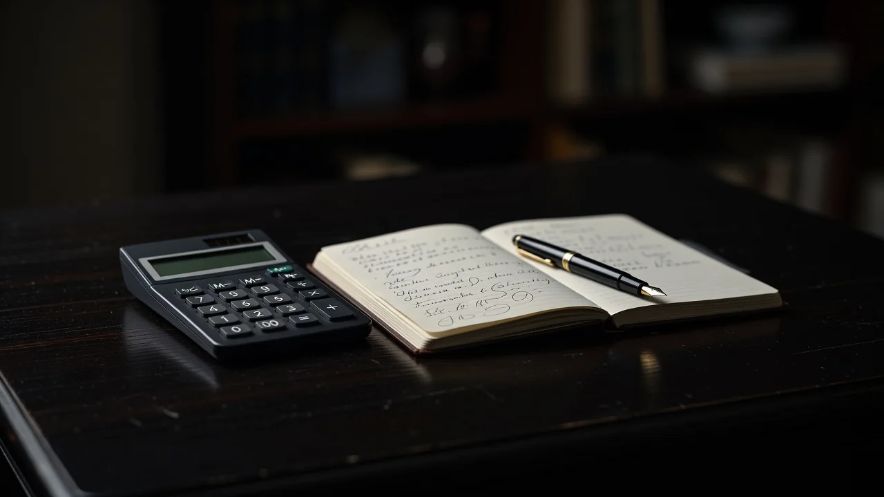 Calculadora, caderno de anotações e caneta sobre mesa escura