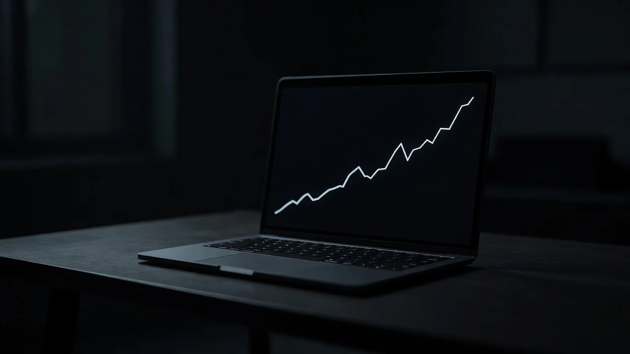 Gráfico de linha subindo em tela de laptop em ambiente com pouca luz