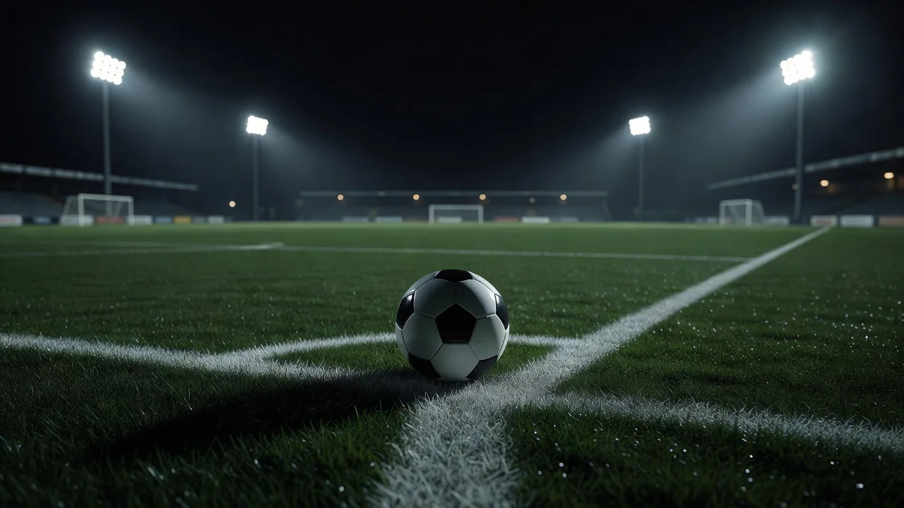 Bola de futebol na marca do pênalti sob refletores à noite