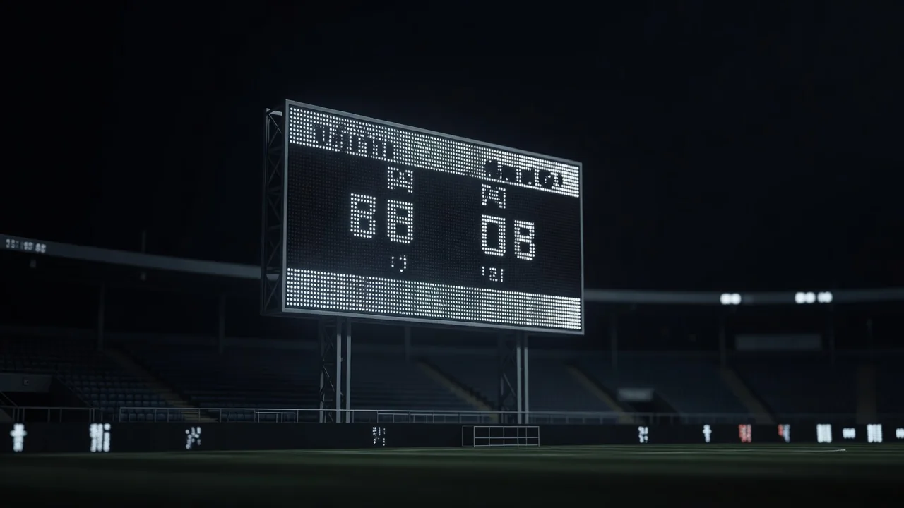 Painel eletrônico de estádio exibindo placar em noite de jogo