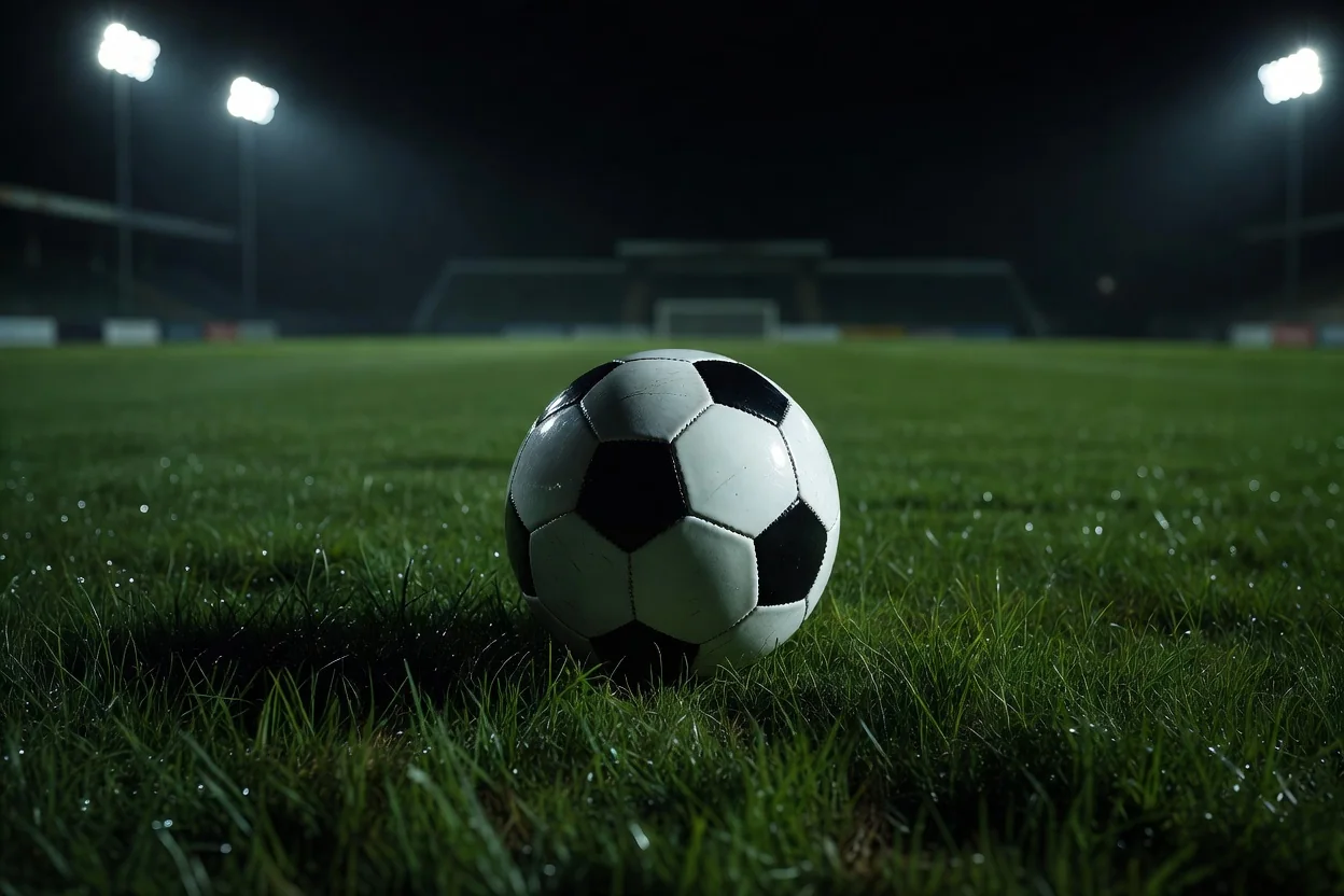 Bola de futebol na grama em close sob luz de refletores