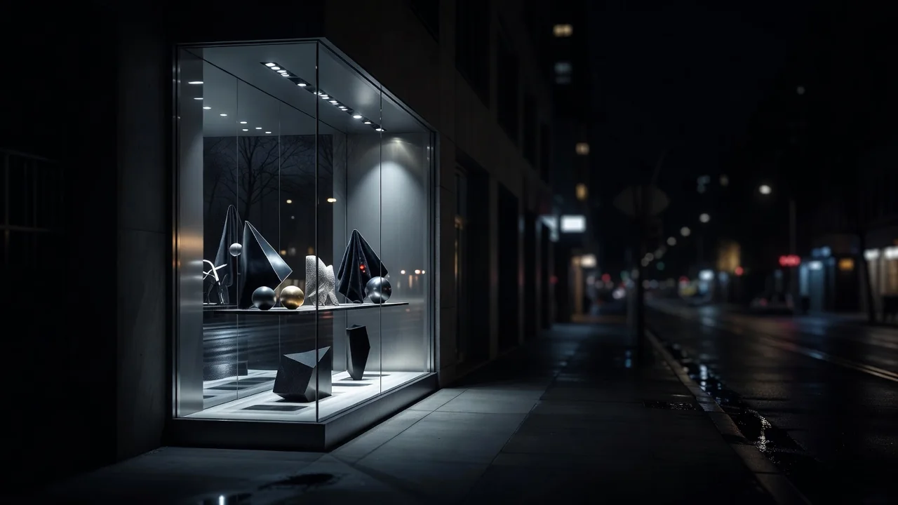 Vitrine iluminada de loja moderna em rua à noite