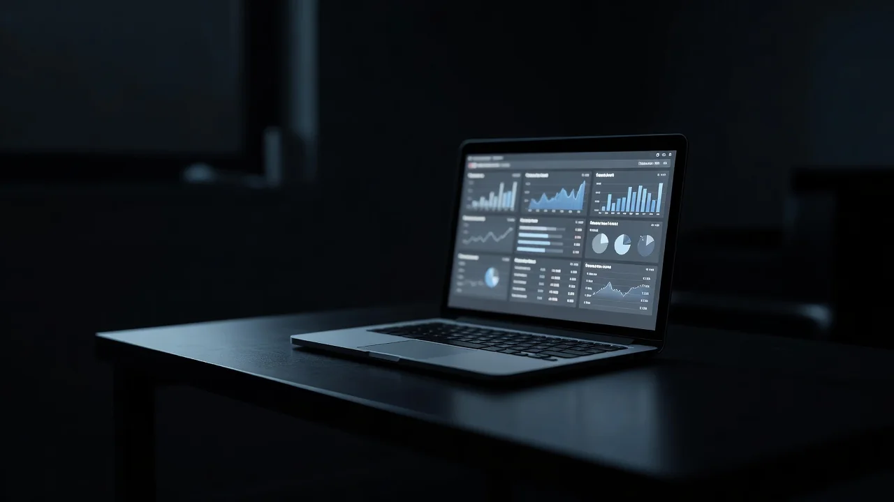 Tela de notebook com estatísticas de partida em quarto escuro