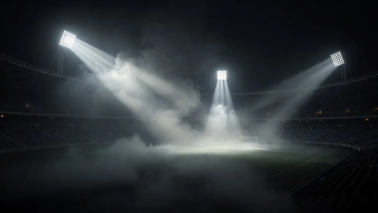 Luzes de refletores cortando a névoa em estádio à noite