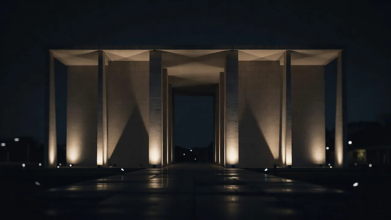 Fachada de prédio governamental iluminada à noite em Brasília