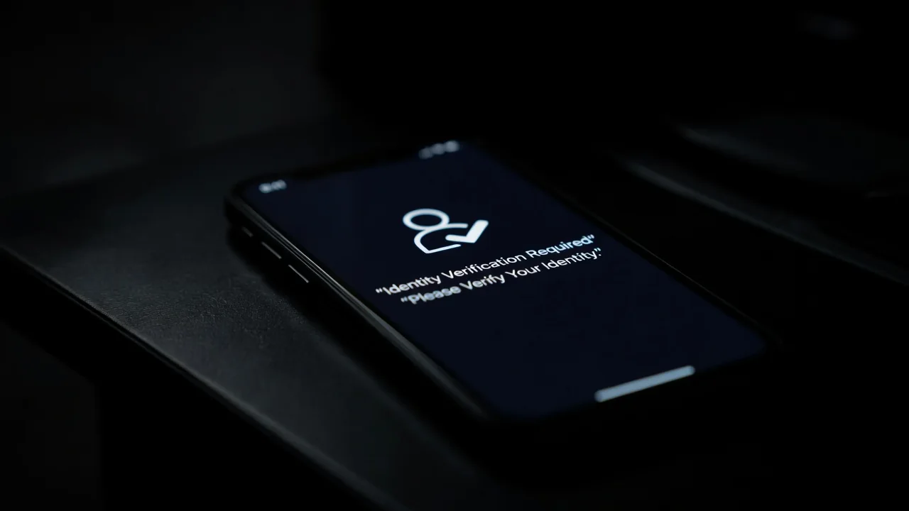 Tela de celular com aviso de verificação de identidade em ambiente escuro