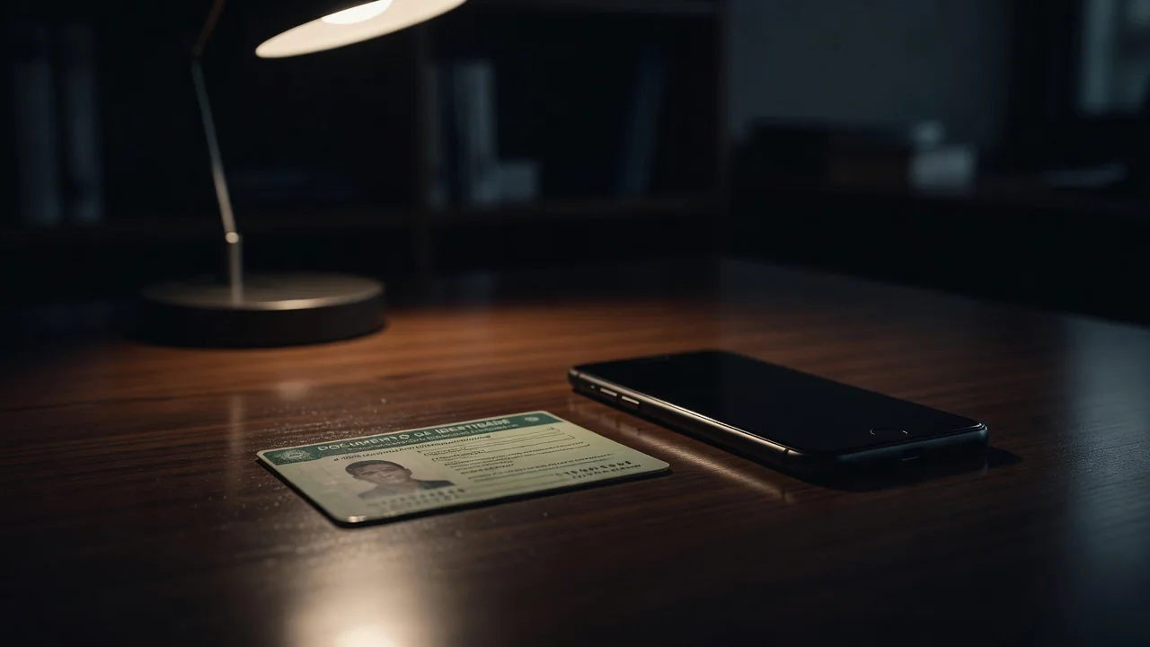 Documento de identidade e celular sobre mesa com luz de escritório