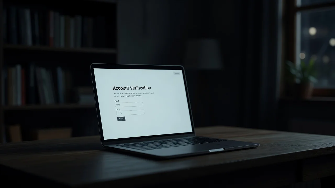 Tela de notebook com página de verificação de conta em ambiente doméstico