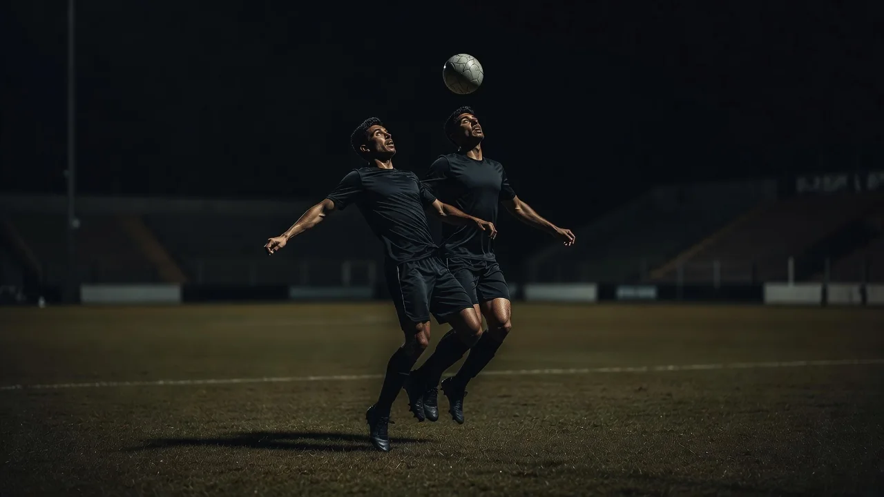 Dois jogadores disputando bola aérea em área iluminada