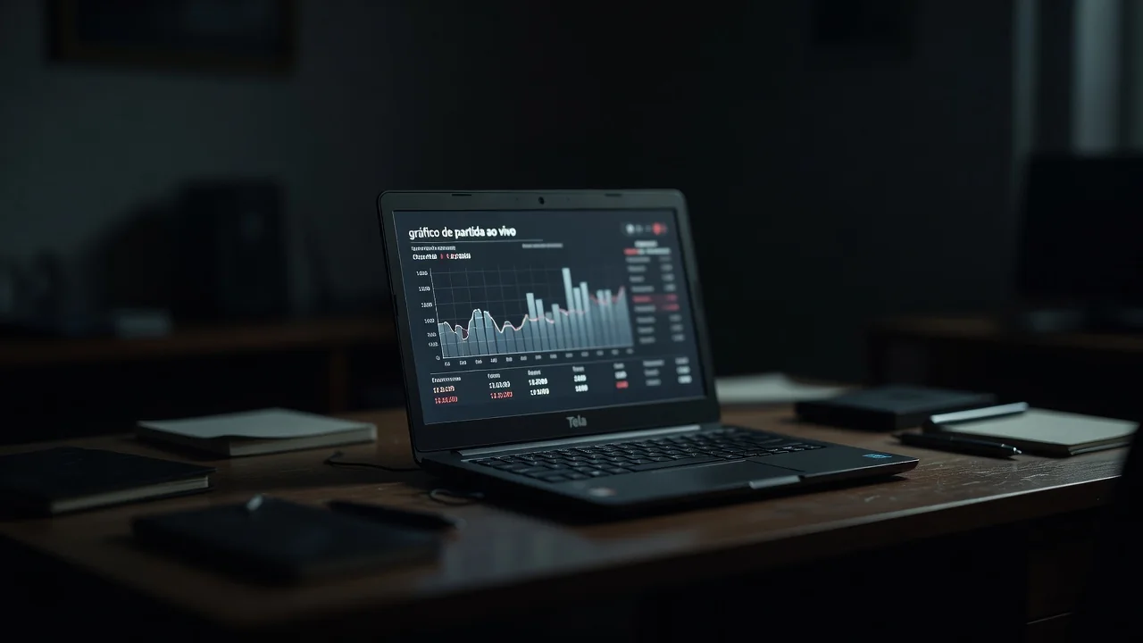 Tela de notebook com gráfico de partida ao vivo em quarto escuro