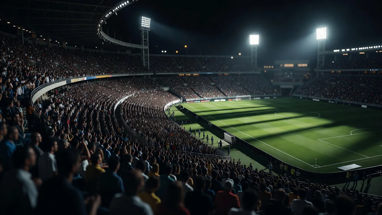 Estádio brasileiro lotado visto do alto à noite