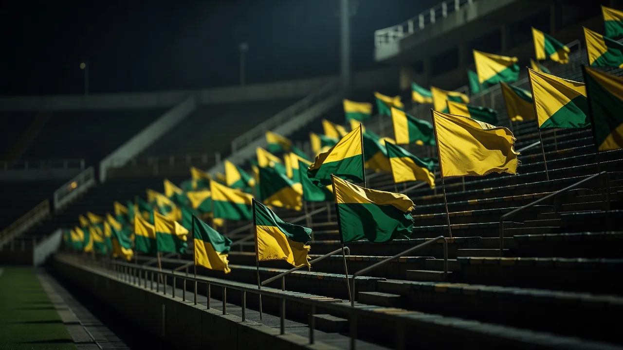 Arquibancada com bandeiras amarelas e verdes em jogo noturno