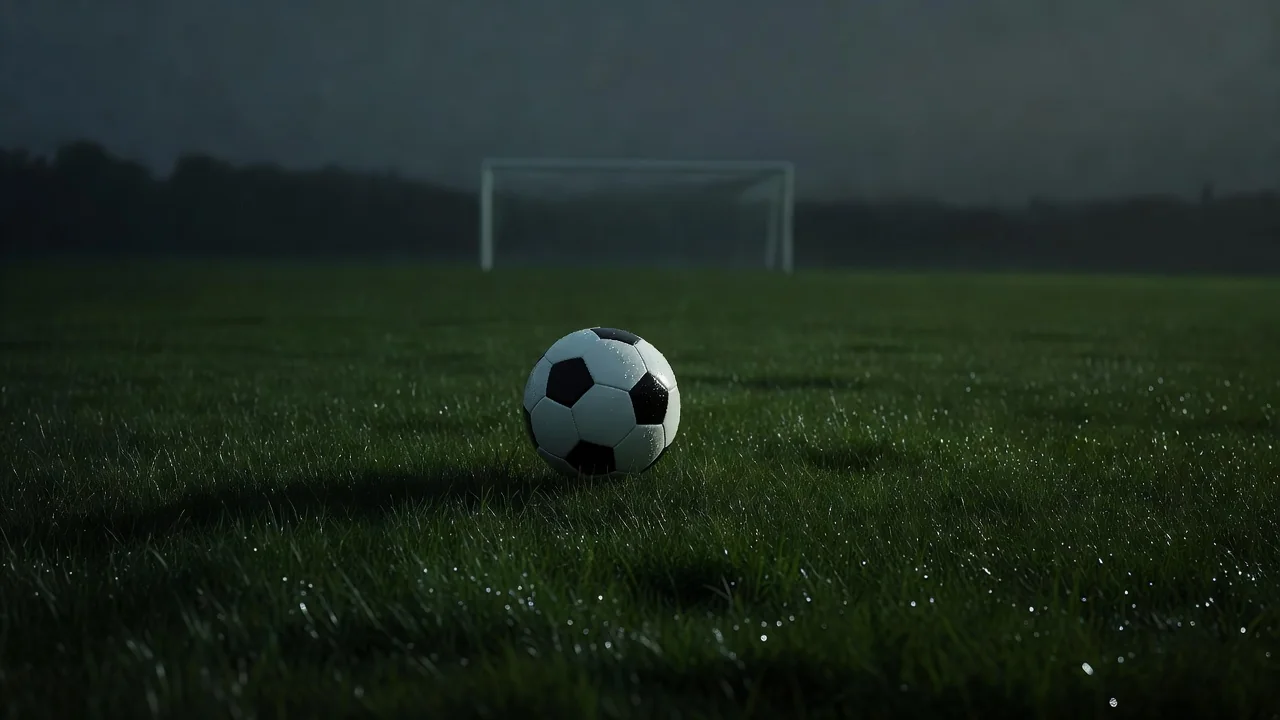 Bola rolando em direção ao gol em grama molhada