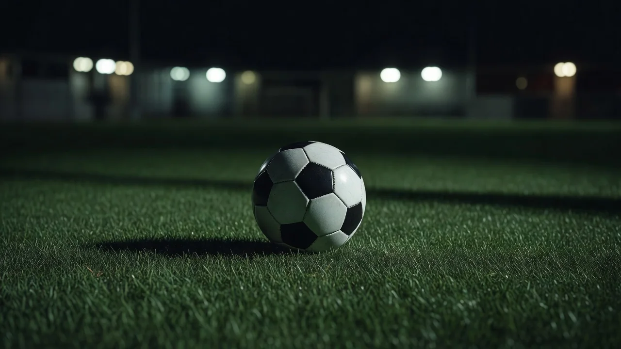Bola de futebol em campo sintético com luzes ao fundo