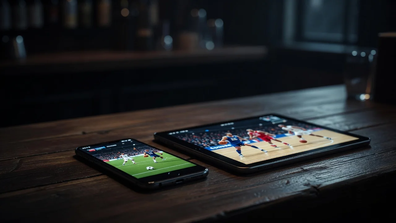 Smartphone ao lado de tablet com telas esportivas em mesa de bar