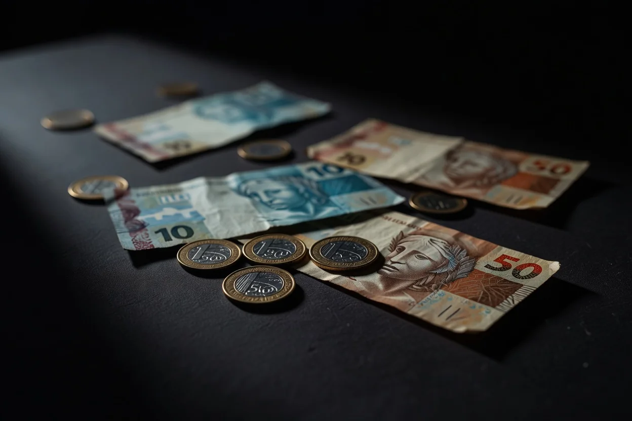 Moedas e notas de real em close sobre superfície escura