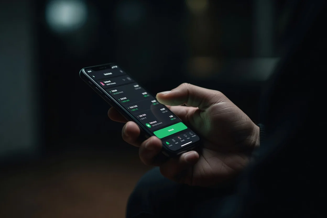 Mão segurando smartphone com botão verde em tela de apostas