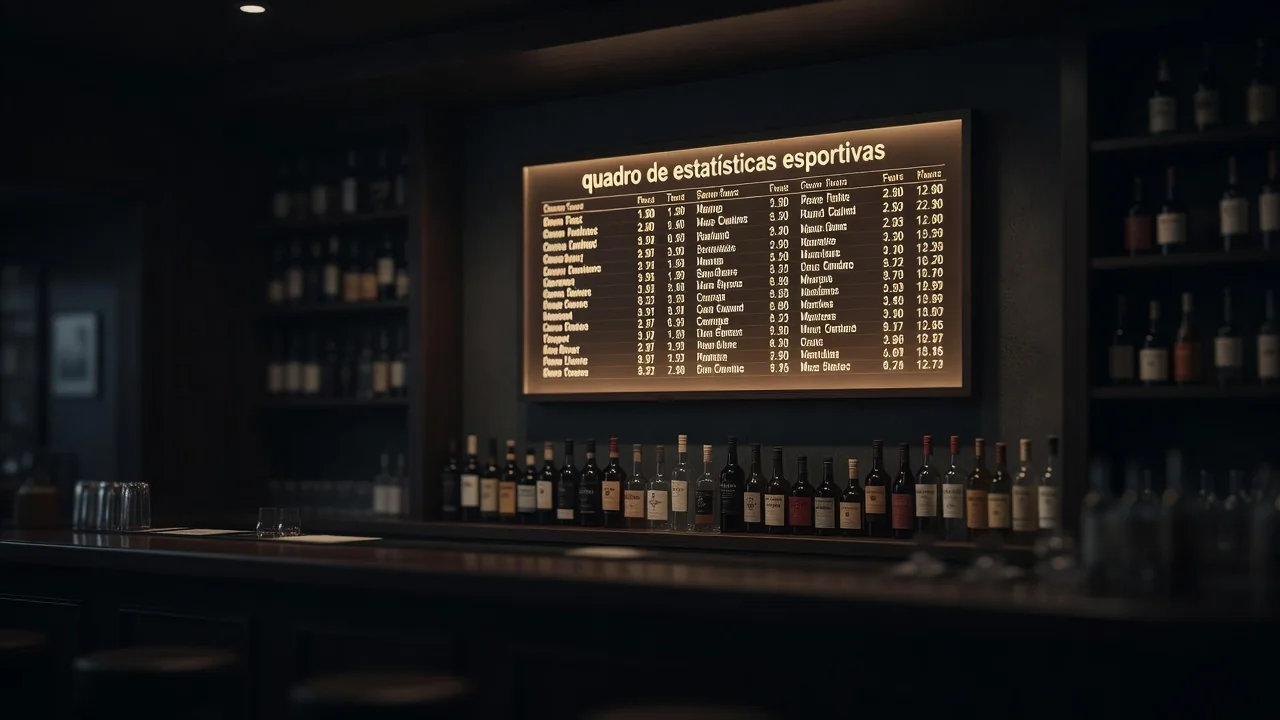Quadro de estatísticas esportivas em painel iluminado de bar