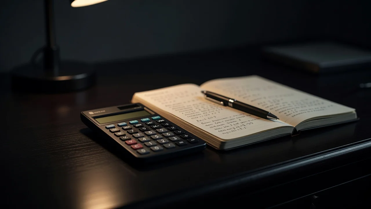 Calculadora, caderno de anotações e caneta sobre mesa escura