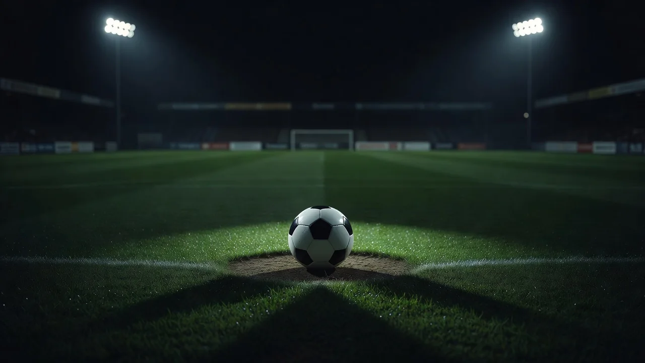 Bola de futebol na marca do pênalti sob refletores à noite