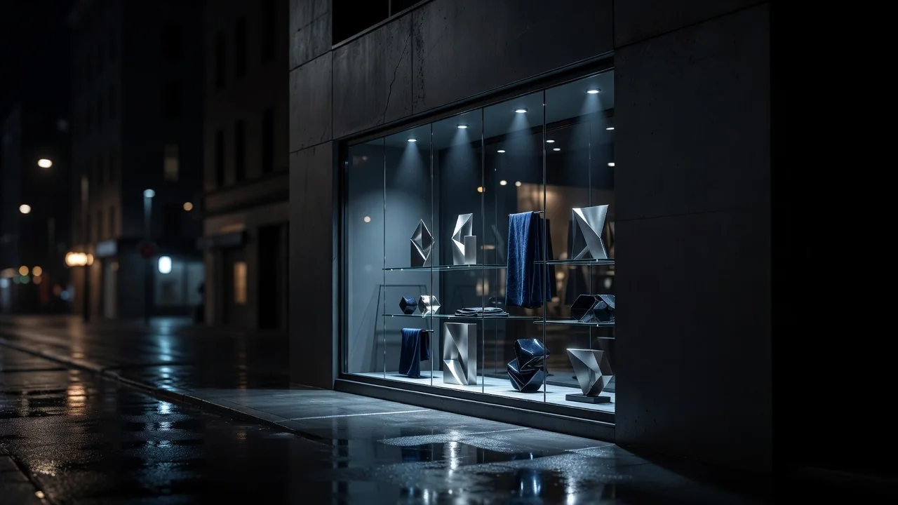 Vitrine iluminada de loja moderna em rua à noite