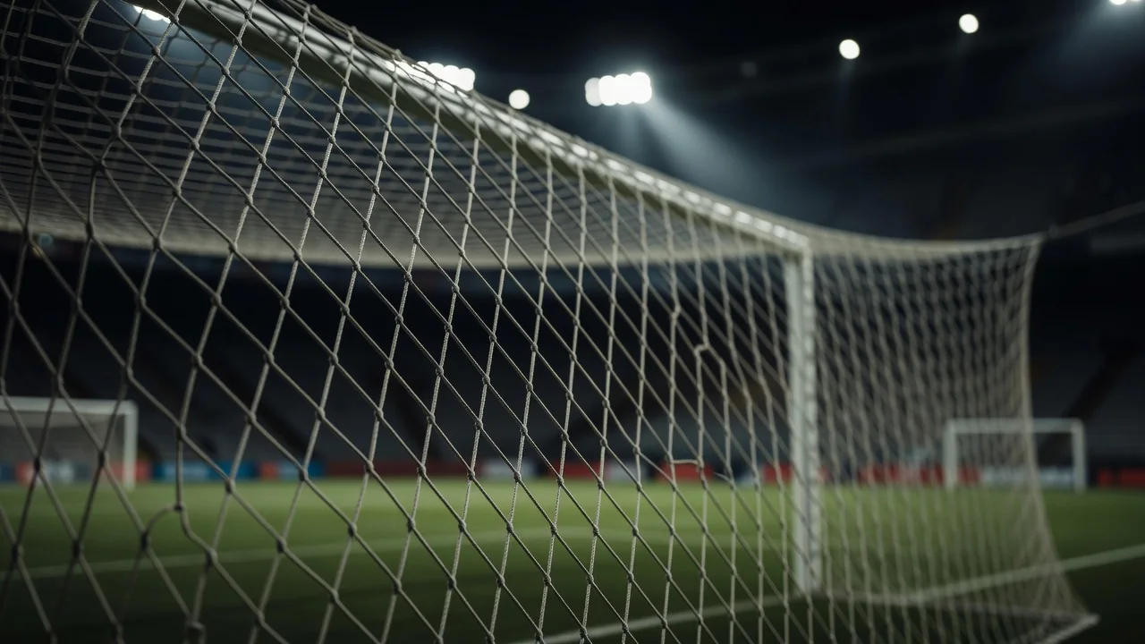 Rede de gol estufada em close sob luz de estádio