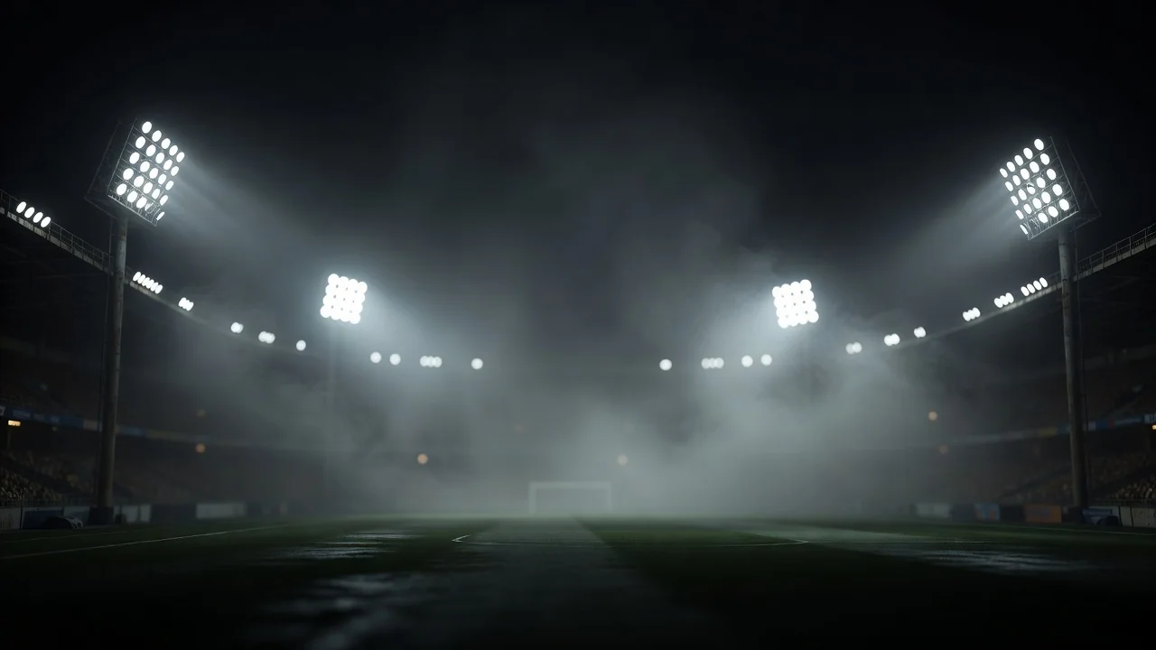Refletores de estádio em noite de névoa