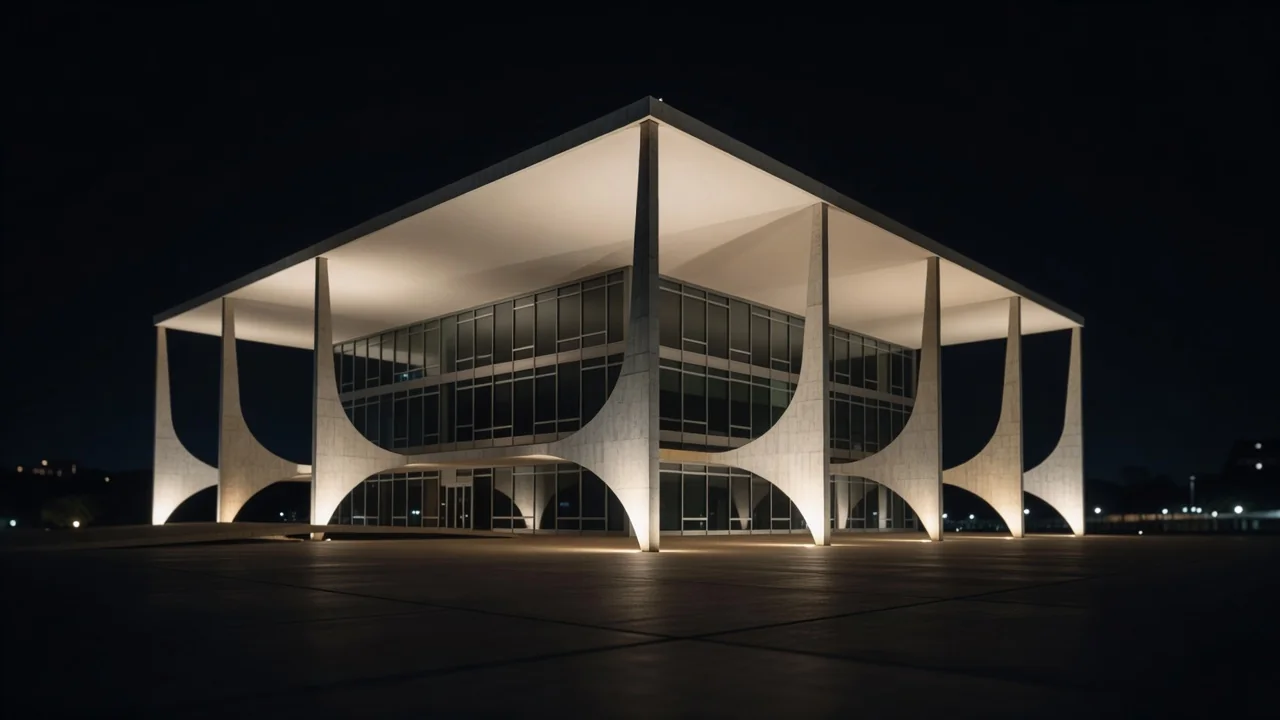 Fachada de prédio governamental iluminada à noite em Brasília