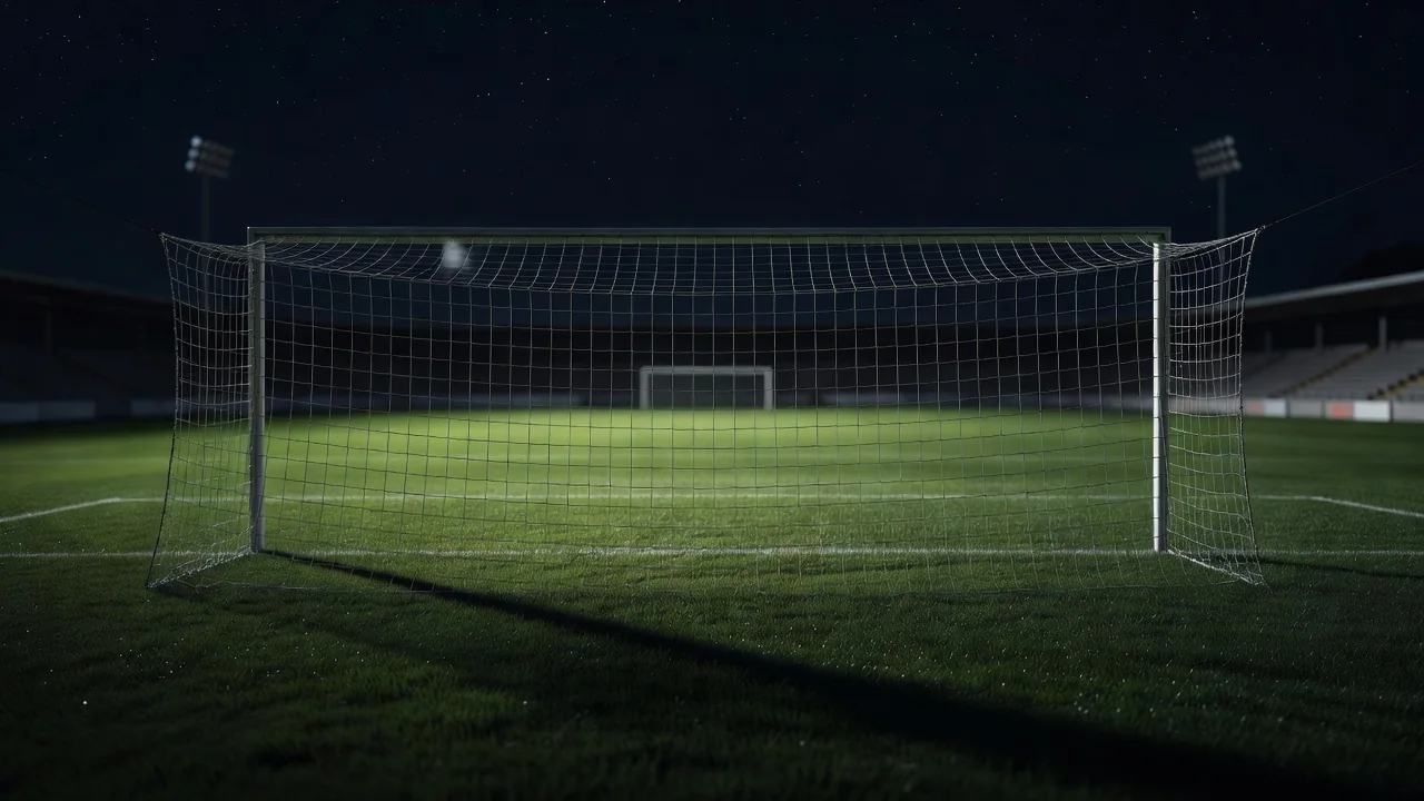 Campo de futebol visto de trás do gol em noite clara