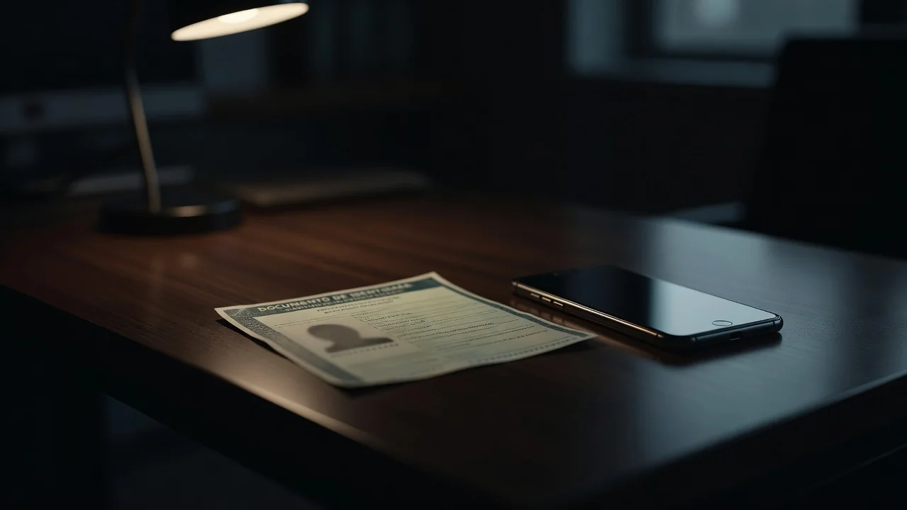 Documento de identidade e celular sobre mesa com luz de escritório